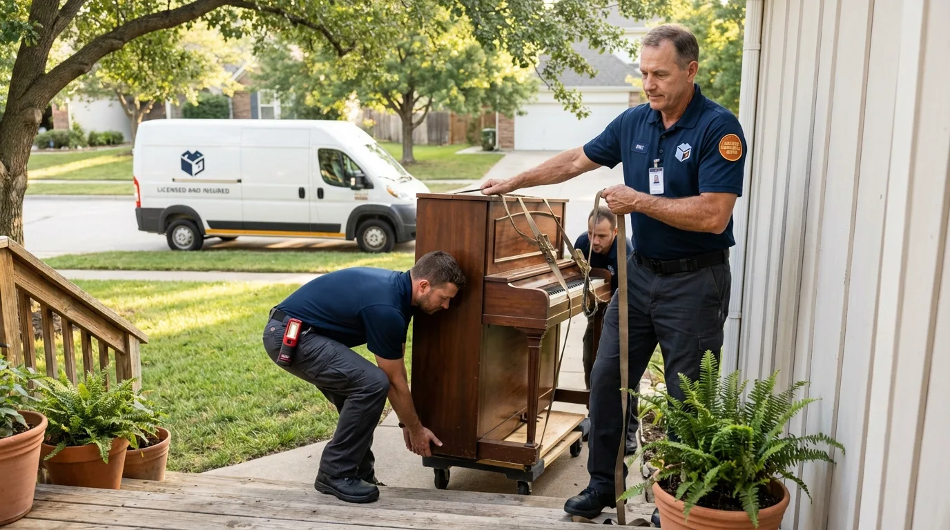 Licensed piano movers securing grand piano in Bay Shore, NY