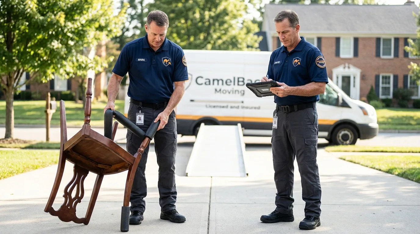 Movers inspecting furniture for damage prevention before loading in Bay Shore, NY