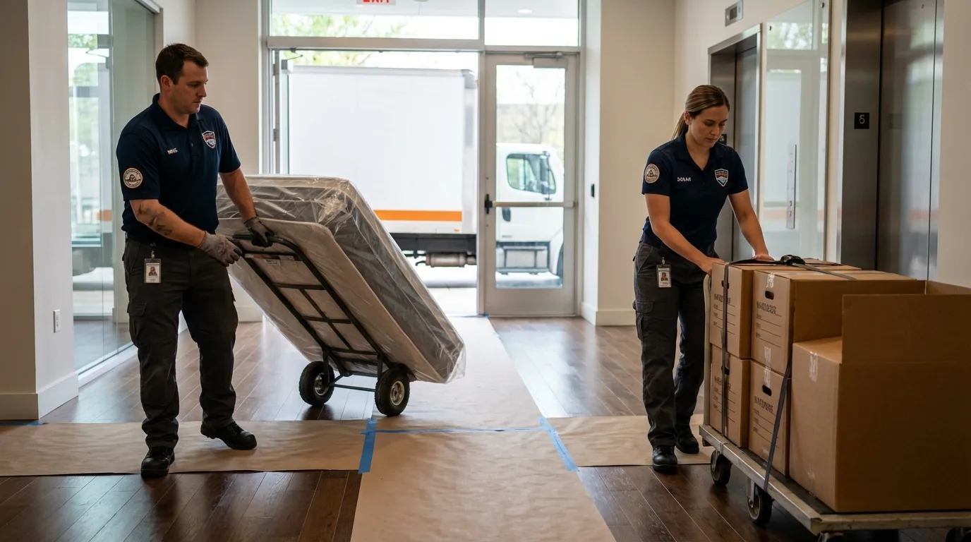 Professional apartment movers loading elevator in Bay Shore, NY