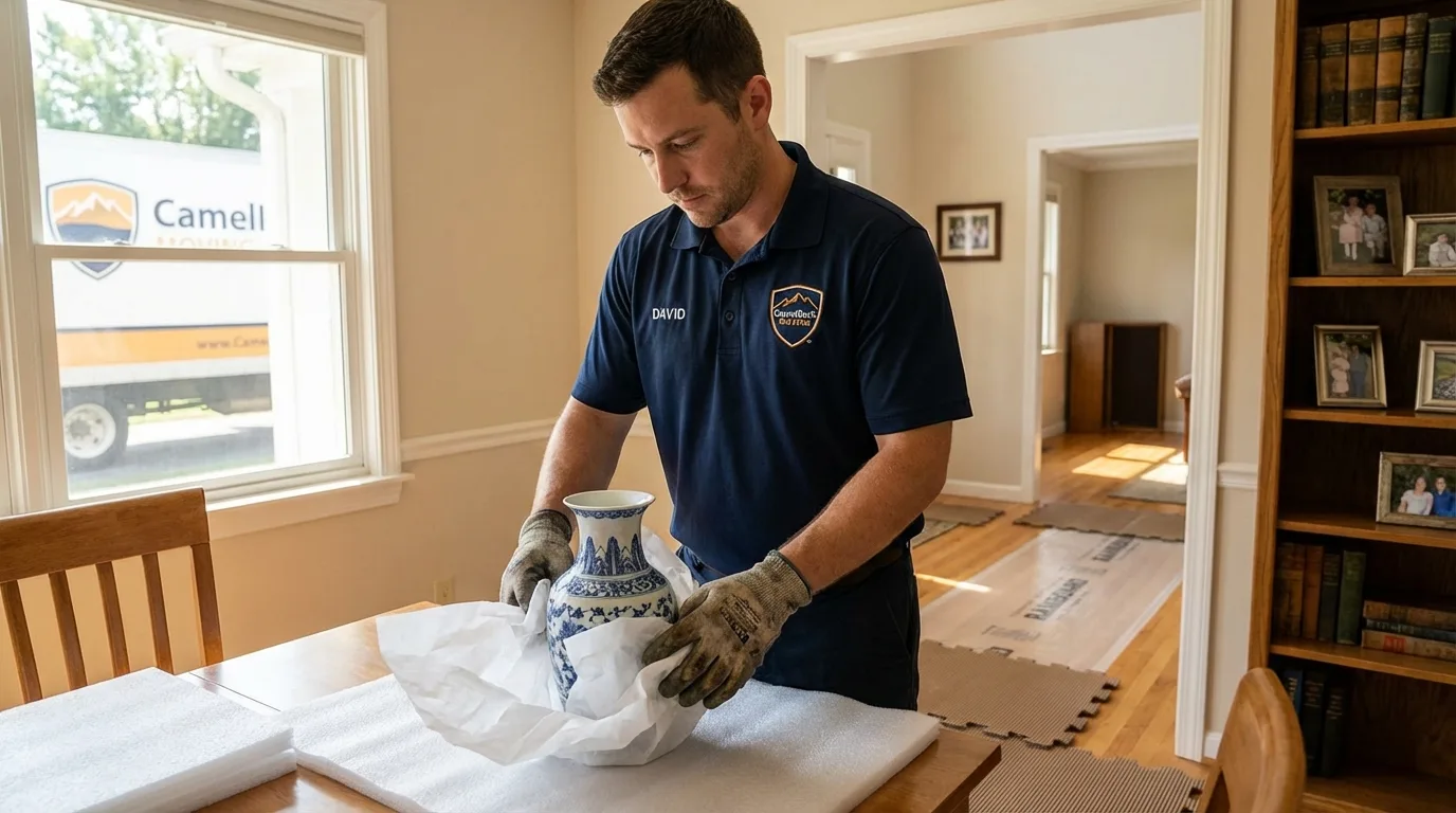 Professional crew carefully wrapping antique vase for senior downsizing move in Bay Shore, NY