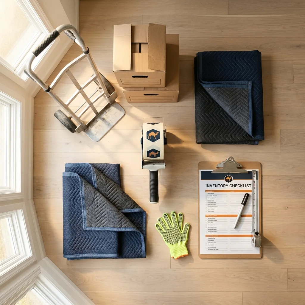 Professional moving supplies and packing materials layout for Bay Shore residential relocations